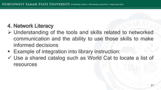 ‘-
21
4. Network Literacy
 Understanding of the tools and skills related to networked
communication and the ability to use those skills to make
informed decisions
 Example of integration into library instruction:
 Use a shared catalog such as World Cat to locate a list of
resources
 