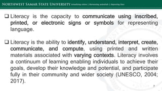‘-
7
 Literacy is the capacity to communicate using inscribed,
printed, or electronic signs or symbols for representing
language.
 Literacy is the ability to identify, understand, interpret, create,
communicate, and compute, using printed and written
materials associated with varying contexts. Literacy involves
a continuum of learning enabling individuals to achieve their
goals, develop their knowledge and potential, and participate
fully in their community and wider society (UNESCO, 2004;
2017).
 