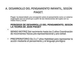 A. DESARROLLO DEL PENSAMIENTO INFANTIL, SEGÚN
                    PIAGET.
     Piaget, ha desarrollado una concepción sobre el pensamiento como un sistema
     organizado que se construye a partir de las interacciones del sujeto con su
     medio físico y social

     PERIODOS DE DESARROLLO DEL PENSAMIENTO, SEGÚN
     LA TEORÍA DE JEAN PIAGET
 •
     SENSO MOTRIZ Del nacimiento hasta los 2 años Coordinación
     de movimientos físicos pre-representacional y pre-verbal.

 • PREOPERATORIO De 2 a 7 años Habilidad para representar la
   acción mediante el pensamiento y el lenguaje pre-lógico
 