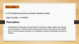 2. First habits and primary circular reactions phase
Age: 6 weeks - 4 months
Description:
• Coordination of sensation and two types of schemes: habits (reflex) and primary
circular reactions. Primary reaction because the action is focused on the infant's
body. Circular reaction because it is a repetition of action that initially occured by
chance.
Sub- stages
 