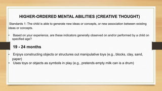 HIGHER-ORDERED MENTAL ABILITIES (CREATIVE THOUGHT)
Standards 1: The child is able to generate new ideas or concepts, or new association between existing
ideas or concepts.
• Based on your experience, are these indicators generally observed on and/or performed by a child on
specified age?
19 - 24 months
• Enjoys constructing objects or structures out manipulative toys (e.g., blocks, clay, sand,
paper)
• Uses toys or objects as symbols in play (e.g., pretends empty milk can is a drum)
 