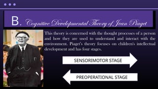This theory is concerned with the thought processes of a person
and how they are used to understand and interact with the
environment. Piaget’s theory focuses on children's intellectual
development and has four stages.
B. Cognitive Developmental Theory of Jean Piaget
SENSORIMOTOR STAGE
PREOPERATIONAL STAGE
 