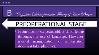 • From two to six years old, a child learns
through, the use of language. However,
mental manipulation of information
does not take place yet.
B. Cognitive Developmental Theory of Jean Piaget
PREOPERATIONAL STAGE
 