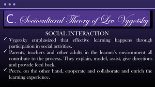 SOCIAL INTERACTION
 Vygotsky emphasized that effective learning happens through
participation in social activities.
 Parents, teachers and other adults in the learner's environment all
contribute to the process. They explain, model, assist, give directions
and provide feed back.
 Peers, on the other hand, cooperate and collaborate and enrich the
learning experience.
C. Sociocultural Theory of Lev Vygotsky
 