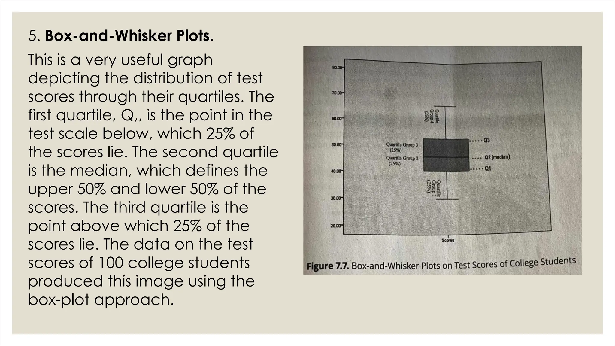 5. Box-and-Whisker Plots.
This is a very useful graph
depicting the distribution of test
scores through their quartiles. The
first quartile, Q,, is the point in the
test scale below, which 25% of
the scores lie. The second quartile
is the median, which defines the
upper 50% and lower 50% of the
scores. The third quartile is the
point above which 25% of the
scores lie. The data on the test
scores of 100 college students
produced this image using the
box-plot approach.
 