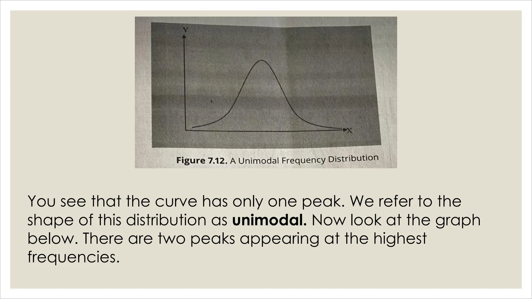 You see that the curve has only one peak. We refer to the
shape of this distribution as unimodal. Now look at the graph
below. There are two peaks appearing at the highest
frequencies.
 