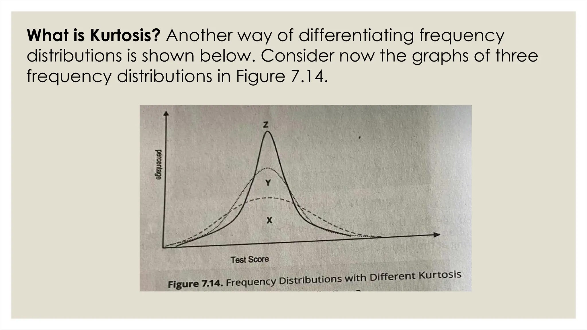 What is Kurtosis? Another way of differentiating frequency
distributions is shown below. Consider now the graphs of three
frequency distributions in Figure 7.14.
 
