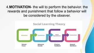4.MOTIVATION- the will to perform the behavior. the
rewards and punishment that follow a behavior will
be considered by the obsever.
 