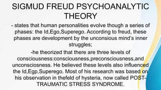 SIGMUD FREUD PSYCHOANALYTIC
THEORY
- states that human personalities evolve though a series of
phases: the Id,Ego,Superego. According to freud, these
phases are development by the unconsious mind’s inner
struggles;
-he theorized that there are three levels of
consciousness:consciousness,preconsciousness,and
unconsciosness. He believed these levels also influenced
the Id,Egp,Superego. Most of his research was based on
his observation in thefeld of hysteria, now called POST-
TRAUMATIC STRESS SYNDROME.
 