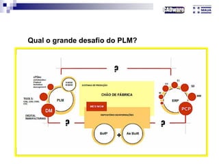 A avaliação sistemática identifica o atual nível de maturidade das empresas;
também auxilia a modelagem de processos de negócios para decisões de
investimentos e ainda na definição do ‘roadmap’ (mapa de fluxo) para a
implementação do PLM e Manufatura Digital de uma forma correta.
Qual o grande desafio do PLM?
Integração de áreas que participam do processo de manufatura
através de uma avaliação sistemática (assessment).
 