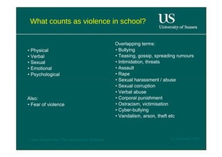 What counts as violence in school?  Overlapping terms:  •  Physical  •  Bullying  •  Teasing, gossip, spreading rumours  •  Verbal  •  Sexual  •  Intimidation, threats  •  Emotional  •  Assault  •  Psychological  •  Rape  •  Sexual harassment / abuse  •  Sexual corruption  •  Verbal abuse  Also:  •  Corporal punishment  •  Fear of violence  •  Ostracism, victimisation  •  Cyber-bullying  •  Vandalism, arson, theft etc  12 November 2008  'Learn Without Fear', Plan International, Hamburg  