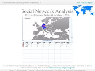 Social Network Analysis PeerLo. Bittorrent Network Analyzer. 2006. Source: Andreas Augustin, Christian Becker, and Prof. Hendrik Speck.  PeerLo. Bittorrent Network Analyzer.  University of Applied Sciences Kaiserslautern. 2006, Available:  http://sourceforge.net/projects/peerlo   