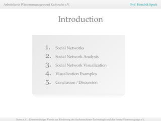 1. Social Networks 2. Social Network Analysis 3. Social Network Visualization 4. Visualization Examples 5. Conclusion / Discussion Introduction 