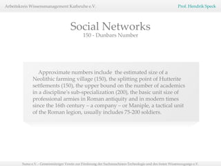 150 - Dunbars Number Approximate numbers include  the estimated size of a Neolithic farming village (150), the splitting point of Hutterite settlements (150), the upper bound on the number of academics in a discipline's sub-specialization (200), the basic unit size of professional armies in Roman antiquity and in modern times since the 16th century – a company – or Maniple, a tactical unit of the Roman legion, usually includes 75-200 soldiers.  Social Networks 