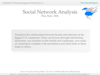 Source: On, Josh and Amy Balkin.  They Rule.  Available:  http://www.theyrule.net/   Social Network Analysis Visualizes the relationships between boards and directors of the biggest U.S. companies. Users can browse through interlocking directories, run searches on the boards and companies, save maps of connections complete with annotations and email links to these maps to others.  They Rule. 2004. 