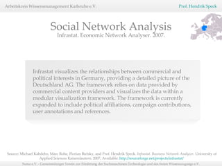 Source: Michael Kabdebo, Marc Rohe, Florian Bielsky, and Prof. Hendrik Speck.  Infrastat. Business Network Analyzer.  University of Applied Sciences Kaiserslautern. 2007, Available:  http://sourceforge.net/projects/infrastat/   Social Network Analysis Infrastat visualizes the relationships between commercial and political interests in Germany, providing a detailed picture of the Deutschland AG. The framework relies on data provided by commercial content providers and visualizes the data within a modular visualization framework. The framework is currently expanded to include political affiliations, campaign contributions, user annotations and references. Infrastat. Economic Network Analyser. 2007. 