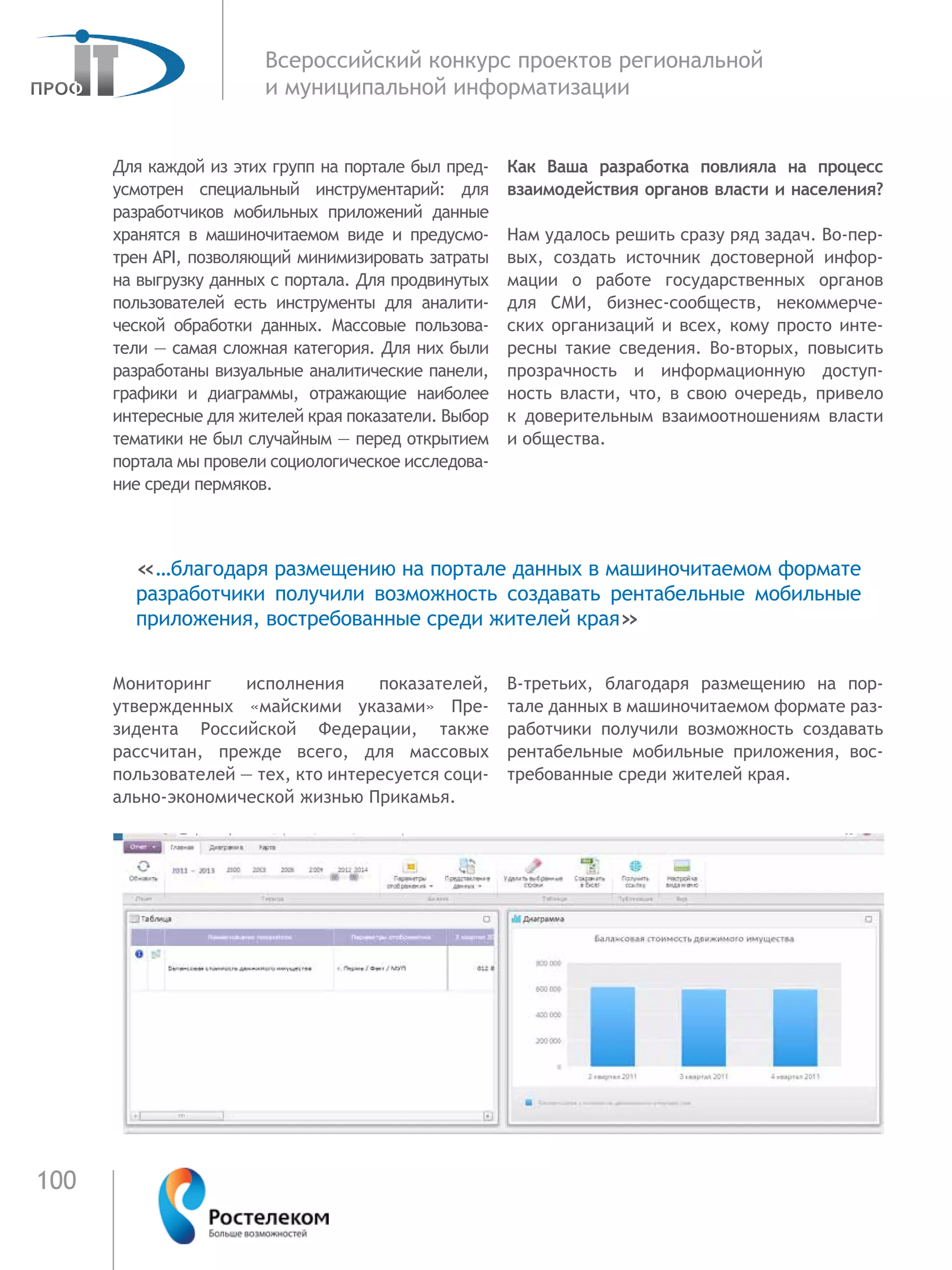 100
Всероссийский конкурс проектов региональной
и муниципальной информатизации
Для каждой из этих групп на портале был пред-
усмотрен специальный инструментарий: для
разработчиков мобильных приложений данные
хранятся в машиночитаемом виде и предусмо-
трен API, позволяющий минимизировать затраты
на выгрузку данных с портала. Для продвинутых
пользователей есть инструменты для аналити-
ческой обработки данных. Массовые пользова-
тели — самая сложная категория. Для них были
разработаны визуальные аналитические панели,
графики и диаграммы, отражающие наиболее
интересные для жителей края показатели. Выбор
тематики не был случайным — перед открытием
портала мы провели социологическое исследова-
ние среди пермяков.
Мониторинг исполнения показателей,
утвержденных «майскими указами» Пре-
зидента Российской Федерации, также
рассчитан, прежде всего, для массовых
пользователей — тех, кто интересуется соци-
ально-экономической жизнью Прикамья.
Как Ваша разработка повлияла на процесс
взаимодействия органов власти и населения?
Нам удалось решить сразу ряд задач. Во-пер-
вых, создать источник достоверной инфор-
мации о работе государственных органов
для СМИ, бизнес-сообществ, некоммерче-
ских организаций и всех, кому просто инте-
ресны такие сведения. Во-вторых, повысить
прозрачность и информационную доступ-
ность власти, что, в свою очередь, привело
к  доверительным взаимоотношениям власти
и общества.
В-третьих, благодаря размещению на пор-
тале данных в машиночитаемом формате раз-
работчики получили возможность создавать
рентабельные мобильные приложения, вос-
требованные среди жителей края.
«…благодаря размещению на портале данных в машиночитаемом формате
разработчики получили возможность создавать рентабельные мобильные
приложения, востребованные среди жителей края»
 