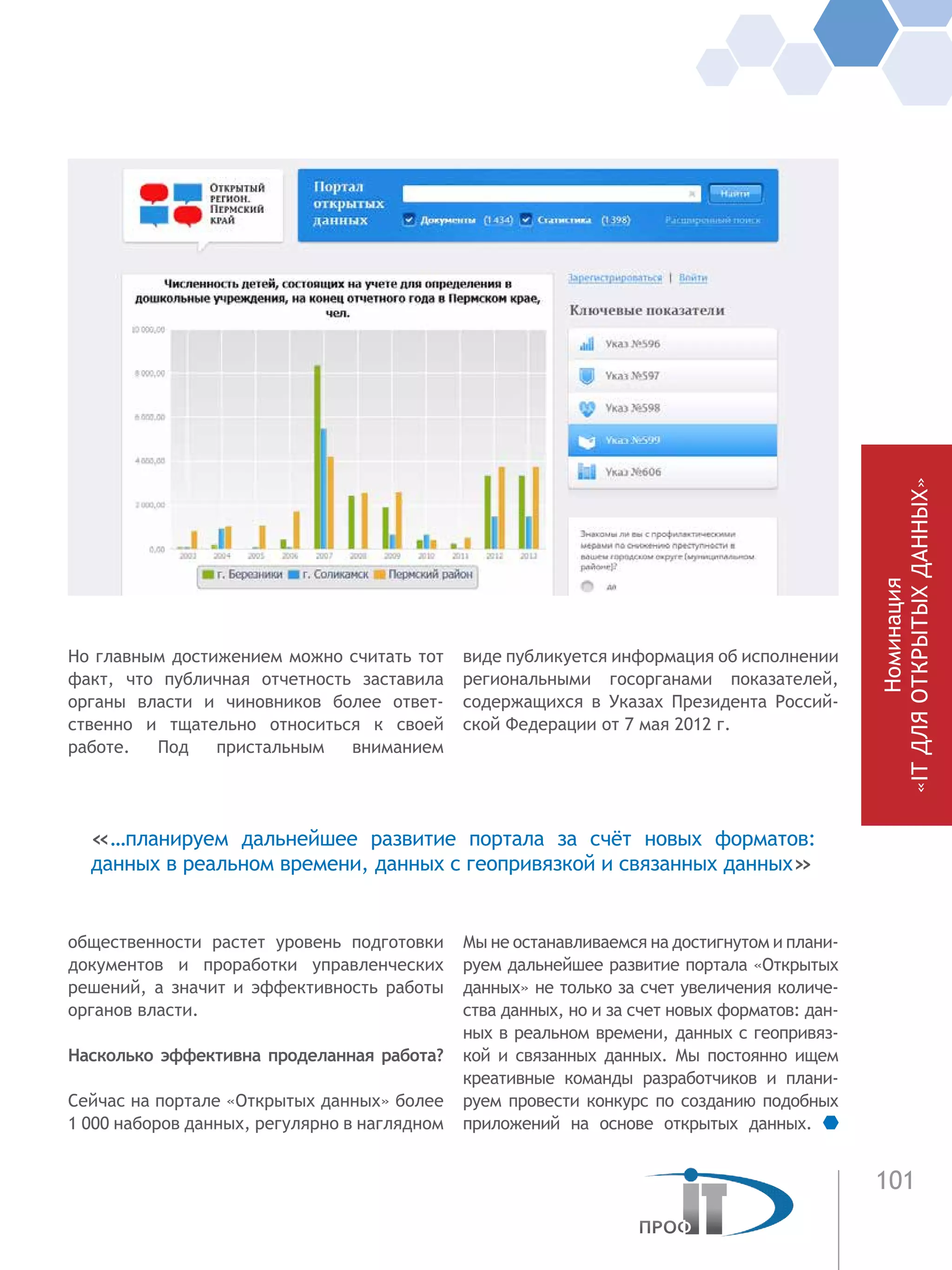 101
Но главным достижением можно считать тот
факт, что публичная отчетность заставила
органы власти и чиновников более ответ-
ственно и тщательно относиться к  своей
работе. Под пристальным вниманием
общественности растет уровень подготовки
документов и проработки управленческих
решений, а значит и эффективность работы
органов власти.
Насколько эффективна проделанная работа?
Сейчас на портале «Открытых данных» более
1 000 наборов данных, регулярно в наглядном
виде публикуется информация об исполнении
региональными госорганами показателей,
содержащихся в Указах Президента Россий-
ской Федерации от 7 мая 2012 г.
Мы не останавливаемся на достигнутом и плани-
руем дальнейшее развитие портала «Открытых
данных» не только за счет увеличения количе-
ства данных, но и за счет новых форматов: дан-
ных в реальном времени, данных с геопривяз-
кой и связанных данных. Мы постоянно ищем
креативные команды разработчиков и плани-
руем провести конкурс по созданию подобных
приложений на основе открытых данных.
«…планируем дальнейшее развитие портала за счёт новых форматов:
данных в реальном времени, данных с геопривязкой и связанных данных»
Номинация
«ITДЛЯОТКРЫТЫХДАННЫХ»
 