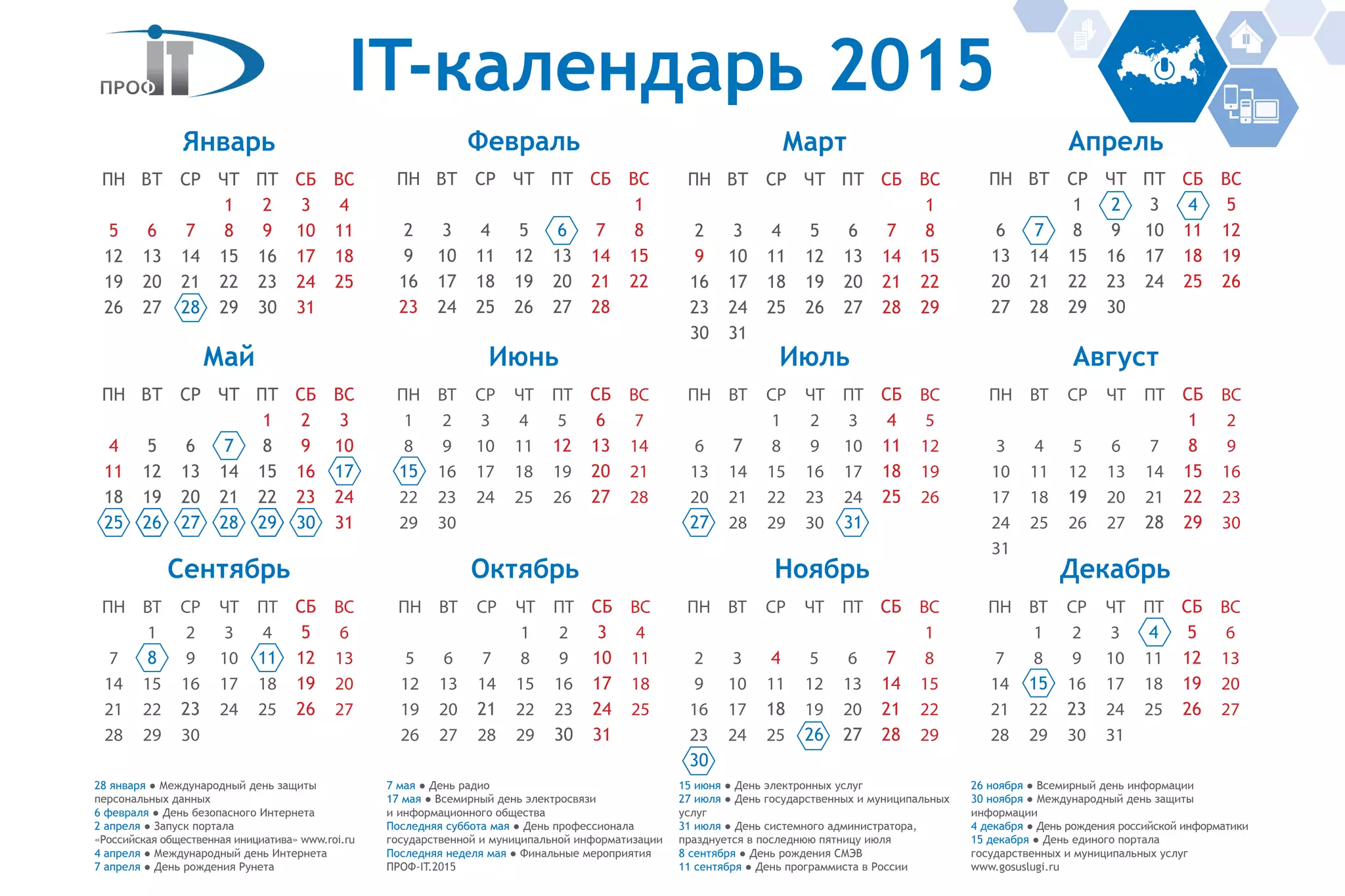 Январь
ПН ВТ СР ЧТ ПТ СБ ВС
1 2 3 4
5 6 7 8 9 10 11
12 13 14 15 16 17 18
19 20 21 22 23 24 25
26 27 28 29 30 31
Февраль
ПН ВТ СР ЧТ ПТ СБ ВС
1
2 3 4 5 6 7 8
9 10 11 12 13 14 15
16 17 18 19 20 21 22
23 24 25 26 27 28
Март
ПН ВТ СР ЧТ ПТ СБ ВС
1
2 3 4 5 6 7 8
9 10 11 12 13 14 15
16 17 18 19 20 21 22
23 24 25 26 27 28 29
30 31
Апрель
ПН ВТ СР ЧТ ПТ СБ ВС
1 2 3 4 5
6 7 8 9 10 11 12
13 14 15 16 17 18 19
20 21 22 23 24 25 26
27 28 29 30
Май
ПН ВТ СР ЧТ ПТ СБ ВС
1 2 3
4 5 6 7 8 9 10
11 12 13 14 15 16 17
18 19 20 21 22 23 24
25 26 27 28 29 30 31
Июнь
ПН ВТ СР ЧТ ПТ СБ ВС
1 2 3 4 5 6 7
8 9 10 11 12 13 14
15 16 17 18 19 20 21
22 23 24 25 26 27 28
29 30
Июль
ПН ВТ СР ЧТ ПТ СБ ВС
1 2 3 4 5
6 7 8 9 10 11 12
13 14 15 16 17 18 19
20 21 22 23 24 25 26
27 28 29 30 31
Август
ПН ВТ СР ЧТ ПТ СБ ВС
1 2
3 4 5 6 7 8 9
10 11 12 13 14 15 16
17 18 19 20 21 22 23
24 25 26 27 28 29 30
31
Сентябрь
ПН ВТ СР ЧТ ПТ СБ ВС
1 2 3 4 5 6
7 8 9 10 11 12 13
14 15 16 17 18 19 20
21 22 23 24 25 26 27
28 29 30
Октябрь
ПН ВТ СР ЧТ ПТ СБ ВС
1 2 3 4
5 6 7 8 9 10 11
12 13 14 15 16 17 18
19 20 21 22 23 24 25
26 27 28 29 30 31
Ноябрь
ПН ВТ СР ЧТ ПТ СБ ВС
1
2 3 4 5 6 7 8
9 10 11 12 13 14 15
16 17 18 19 20 21 22
23 24 25 26 27 28 29
30
Декабрь
ПН ВТ СР ЧТ ПТ СБ ВС
1 2 3 4 5 6
7 8 9 10 11 12 13
14 15 16 17 18 19 20
21 22 23 24 25 26 27
28 29 30 31
28 января ● Международный день защиты
персональных данных
6 февраля ● День безопасного Интернета
2 апреля ● Запуск портала
«Российская общественная инициатива» www.roi.ru
4 апреля ● Международный день Интернета
7 апреля ● День рождения Рунета
7 мая ● День радио
17 мая ● Всемирный день электросвязи
и информационного общества
Последняя суббота мая ● День профессионала
государственной и муниципальной информатизации
Последняя неделя мая ● Финальные мероприятия
ПРОФ-IT.2015
15 июня ● День электронных услуг
27 июля ● День государственных и муниципальных
услуг
31 июля ● День системного администратора,
празднуется в последнюю пятницу июля
8 сентября ● День рождения СМЭВ
11 сентября ● День программиста в России
26 ноября ● Всемирный день информации
30 ноября ● Международный день защиты
информации
4 декабря ● День рождения российской информатики
15 декабря ● День единого портала
государственных и муниципальных услуг
www.gosuslugi.ru
IT-календарь 2015
 