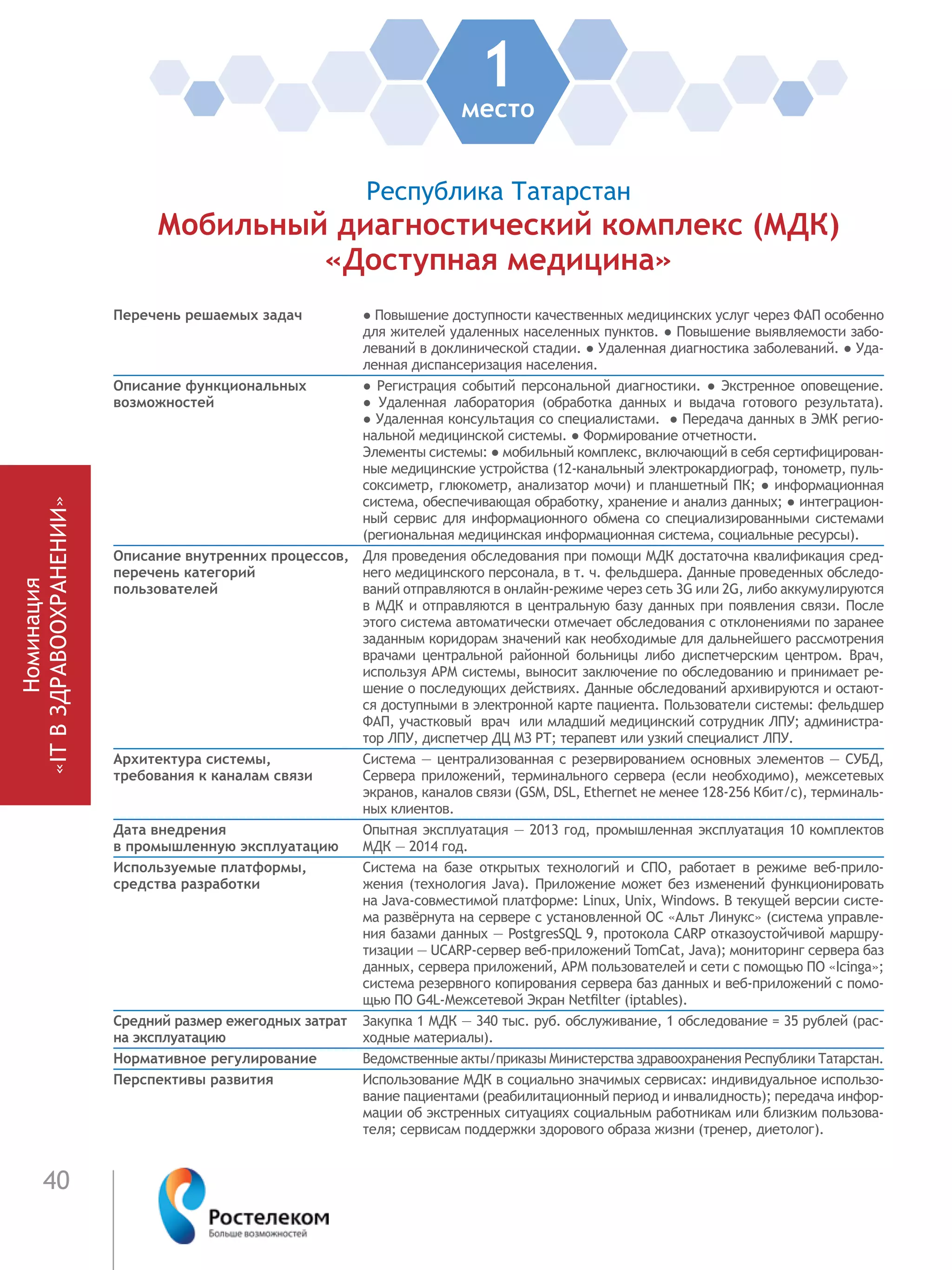 40
1место
Республика Татарстан
Мобильный диагностический комплекс (МДК)
«Доступная медицина»
Перечень решаемых задач ● Повышение доступности качественных медицинских услуг через ФАП особенно
для жителей удаленных населенных пунктов. ● Повышение выявляемости забо-
леваний в доклинической стадии. ● Удаленная диагностика заболеваний. ● Уда-
ленная диспансеризация населения.
Описание функциональных
возможностей
● Регистрация событий персональной диагностики. ● Экстренное оповещение.
●  Удаленная лаборатория (обработка данных и выдача готового результата).
● Удаленная консультация со специалистами. ● Передача данных в ЭМК регио-
нальной медицинской системы. ● Формирование отчетности.
Элементы системы: ● мобильный комплекс, включающий в себя сертифицирован-
ные медицинские устройства (12-канальный электрокардиограф, тонометр, пуль-
соксиметр, глюкометр, анализатор мочи) и планшетный ПК; ● информационная
система, обеспечивающая обработку, хранение и анализ данных; ● интеграцион-
ный сервис для информационного обмена со специализированными системами
(региональная медицинская информационная система, социальные ресурсы).
Описание внутренних процессов,
перечень категорий
пользователей
Для проведения обследования при помощи МДК достаточна квалификация сред-
него медицинского персонала, в т. ч. фельдшера. Данные проведенных обследо-
ваний отправляются в онлайн-режиме через сеть 3G или 2G, либо аккумулируются
в МДК и отправляются в центральную базу данных при появления связи. После
этого система автоматически отмечает обследования с отклонениями по заранее
заданным коридорам значений как необходимые для дальнейшего рассмотрения
врачами центральной районной больницы либо диспетчерским центром. Врач,
используя АРМ системы, выносит заключение по обследованию и принимает ре-
шение о последующих действиях. Данные обследований архивируются и остают-
ся доступными в электронной карте пациента. Пользователи системы: фельдшер
ФАП, участковый врач или младший медицинский сотрудник ЛПУ; администра-
тор ЛПУ, диспетчер ДЦ МЗ РТ; терапевт или узкий специалист ЛПУ.
Архитектура системы,
требования к каналам связи
Система — централизованная с резервированием основных элементов — СУБД,
Сервера приложений, терминального сервера (если необходимо), межсетевых
экранов, каналов связи (GSM, DSL, Ethernet не менее 128-256 Кбит/с), терминаль-
ных клиентов.
Дата внедрения
в промышленную эксплуатацию
Опытная эксплуатация — 2013 год, промышленная эксплуатация 10 комплектов
МДК — 2014 год.
Используемые платформы,
средства разработки
Система на базе открытых технологий и СПО, работает в режиме веб-прило-
жения (технология Java). Приложение может без изменений функционировать
на Java-совместимой платформе: Linux, Unix, Windows. В текущей версии систе-
ма развёрнута на сервере с установленной OC «Альт Линукс» (система управле-
ния базами данных — PostgresSQL 9, протокола CARP отказоустойчивой маршру-
тизации — UCARP-сервер веб-приложений TomCat, Java); мониторинг сервера баз
данных, сервера приложений, АРМ пользователей и сети с помощью ПО «Icinga»;
система резервного копирования сервера баз данных и веб-приложений с помо-
щью ПО G4L-Межсетевой Экран Netfilter (iptables).
Средний размер ежегодных затрат
на эксплуатацию
Закупка 1 МДК — 340 тыс. руб. обслуживание, 1 обследование = 35 рублей (рас-
ходные материалы).
Нормативное регулирование Ведомственные акты/приказы Министерства здравоохранения Республики Татарстан.
Перспективы развития Использование МДК в социально значимых сервисах: индивидуальное использо-
вание пациентами (реабилитационный период и инвалидность); передача инфор-
мации об экстренных ситуациях социальным работникам или близким пользова-
теля; сервисам поддержки здорового образа жизни (тренер, диетолог).
Номинация
«ITВЗДРАВООХРАНЕНИИ»
 