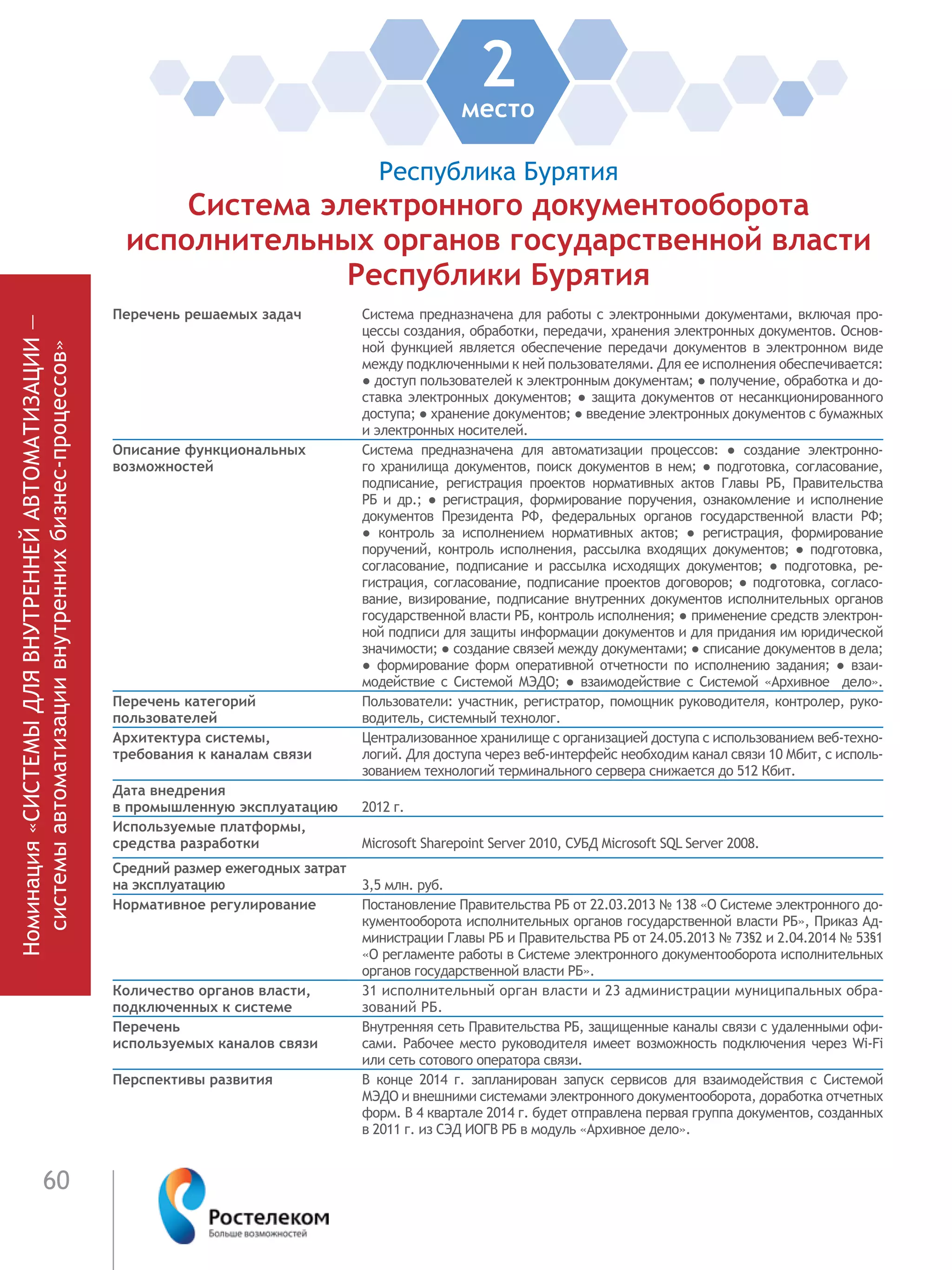 60
Номинация«СИСТЕМЫДЛЯВНУТРЕННЕЙАВТОМАТИЗАЦИИ—
системыавтоматизациивнутреннихбизнес-процессов»
2место
Республика Бурятия
Система электронного документооборота
исполнительных органов государственной власти
Республики Бурятия
Перечень решаемых задач Система предназначена для работы с электронными документами, включая про-
цессы создания, обработки, передачи, хранения электронных документов. Основ-
ной функцией является обеспечение передачи документов в электронном виде
между подключенными к ней пользователями. Для ее исполнения обеспечивается:
● доступ пользователей к электронным документам; ● получение, обработка и до-
ставка электронных документов; ● защита документов от несанкционированного
доступа; ● хранение документов; ● введение электронных документов с бумажных
и электронных носителей.
Описание функциональных
возможностей
Система предназначена для автоматизации процессов: ●  создание электронно-
го хранилища документов, поиск документов в нем; ● подготовка, согласование,
подписание, регистрация проектов нормативных актов Главы РБ, Правительства
РБ и др.; ●  регистрация, формирование поручения, ознакомление и исполнение
документов Президента РФ, федеральных органов государственной власти РФ;
●  контроль за исполнением нормативных актов; ●  регистрация, формирование
поручений, контроль исполнения, рассылка входящих документов; ●  подготовка,
согласование, подписание и рассылка исходящих документов; ●  подготовка, ре-
гистрация, согласование, подписание проектов договоров; ● подготовка, согласо-
вание, визирование, подписание внутренних документов исполнительных органов
государственной власти РБ, контроль исполнения; ● применение средств электрон-
ной подписи для защиты информации документов и для придания им юридической
значимости; ● создание связей между документами; ● списание документов в дела;
●  формирование форм оперативной отчетности по исполнению задания; ●  взаи-
модействие с Системой МЭДО; ●  взаимодействие с Системой «Архивное дело».
Перечень категорий
пользователей
Пользователи: участник, регистратор, помощник руководителя, контролер, руко-
водитель, системный технолог.
Архитектура системы,
требования к каналам связи
Централизованное хранилище с организацией доступа с использованием веб-техно-
логий. Для доступа через веб-интерфейс необходим канал связи 10 Мбит, с исполь-
зованием технологий терминального сервера снижается до 512 Кбит.
Дата внедрения
в промышленную эксплуатацию 2012 г.
Используемые платформы,
средства разработки Microsoft Sharepoint Server 2010, СУБД Microsoft SQL Server 2008.
Средний размер ежегодных затрат
на эксплуатацию 3,5 млн. руб.
Нормативное регулирование Постановление Правительства РБ от 22.03.2013 № 138 «О Системе электронного до-
кументооборота исполнительных органов государственной власти РБ», Приказ Ад-
министрации Главы РБ и Правительства РБ от 24.05.2013 № 73§2 и 2.04.2014 № 53§1
«О регламенте работы в Системе электронного документооборота исполнительных
органов государственной власти РБ».
Количество органов власти,
подключенных к системе
31 исполнительный орган власти и 23 администрации муниципальных обра-
зований РБ.
Перечень
используемых каналов связи
Внутренняя сеть Правительства РБ, защищенные каналы связи с удаленными офи-
сами. Рабочее место руководителя имеет возможность подключения через Wi-Fi
или сеть сотового оператора связи.
Перспективы развития В конце 2014 г. запланирован запуск сервисов для взаимодействия с Системой
МЭДО и внешними системами электронного документооборота, доработка отчетных
форм. В 4 квартале 2014 г. будет отправлена первая группа документов, созданных
в 2011 г. из СЭД ИОГВ РБ в модуль «Архивное дело».
 