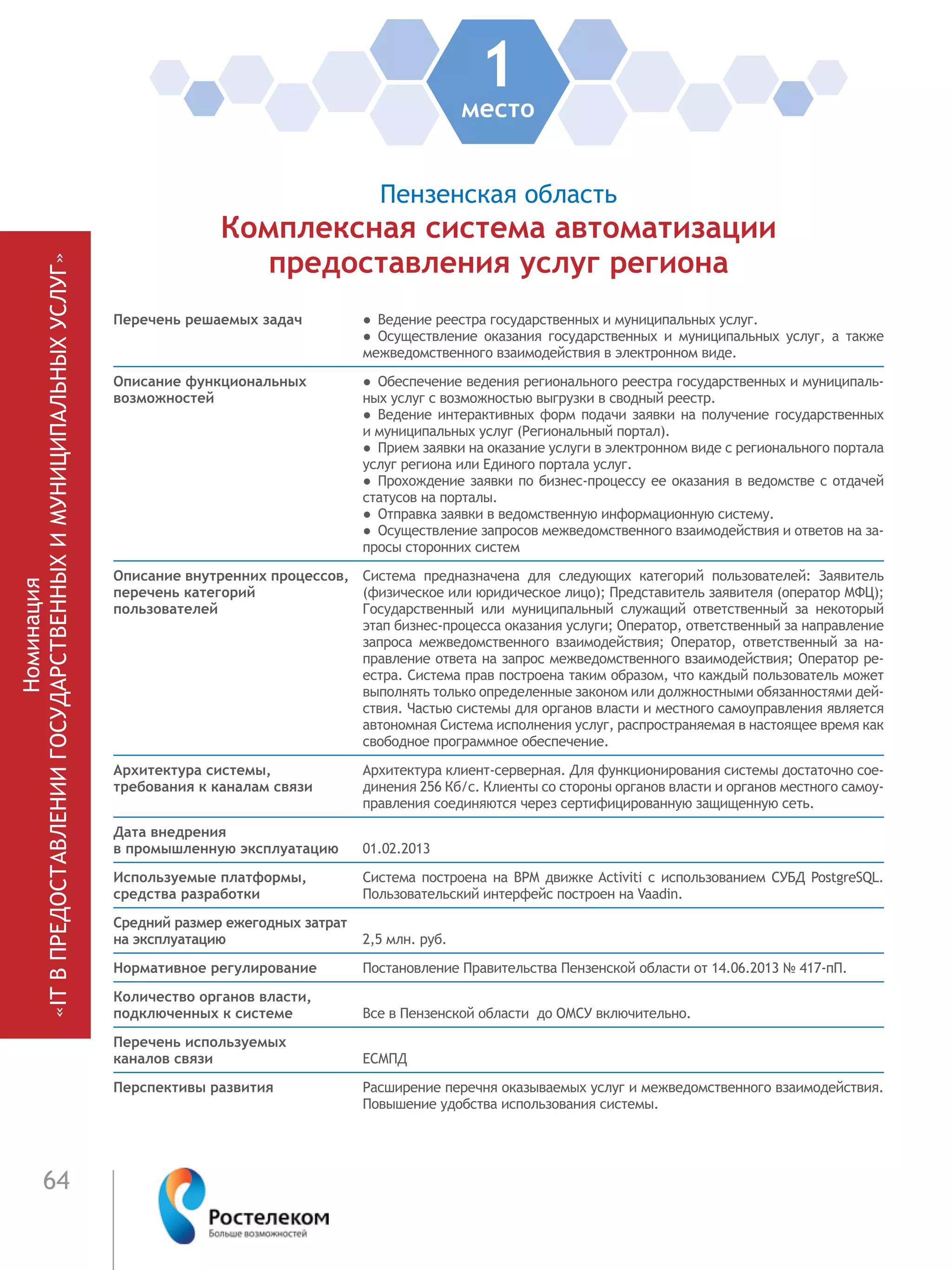 64
1место
Пензенская область
Комплексная система автоматизации
предоставления услуг региона
Перечень решаемых задач ●  Ведение реестра государственных и муниципальных услуг.
●  Осуществление оказания государственных и муниципальных услуг, а также
межведомственного взаимодействия в электронном виде.
Описание функциональных
возможностей
●  Обеспечение ведения регионального реестра государственных и муниципаль-
ных услуг с возможностью выгрузки в сводный реестр.
●  Ведение интерактивных форм подачи заявки на получение государственных
и муниципальных услуг (Региональный портал).
●  Прием заявки на оказание услуги в электронном виде с регионального портала
услуг региона или Единого портала услуг.
●  Прохождение заявки по бизнес-процессу ее оказания в ведомстве с отдачей
статусов на порталы.
●  Отправка заявки в ведомственную информационную систему.
●  Осуществление запросов межведомственного взаимодействия и ответов на за-
просы сторонних систем
Описание внутренних процессов,
перечень категорий
пользователей
Система предназначена для следующих категорий пользователей: Заявитель
(физическое или юридическое лицо); Представитель заявителя (оператор МФЦ);
Государственный или муниципальный служащий ответственный за некоторый
этап бизнес-процесса оказания услуги; Оператор, ответственный за направление
запроса межведомственного взаимодействия; Оператор, ответственный за на-
правление ответа на запрос межведомственного взаимодействия; Оператор ре-
естра. Система прав построена таким образом, что каждый пользователь может
выполнять только определенные законом или должностными обязанностями дей-
ствия. Частью системы для органов власти и местного самоуправления является
автономная Система исполнения услуг, распространяемая в настоящее время как
свободное программное обеспечение.
Архитектура системы,
требования к каналам связи
Архитектура клиент-серверная. Для функционирования системы достаточно сое-
динения 256 Кб/с. Клиенты со стороны органов власти и органов местного самоу-
правления соединяются через сертифицированную защищенную сеть.
Дата внедрения
в промышленную эксплуатацию 01.02.2013
Используемые платформы,
средства разработки
Система построена на BPM движке Activiti с использованием СУБД PostgreSQL.
Пользовательский интерфейс построен на Vaadin.
Средний размер ежегодных затрат
на эксплуатацию 2,5 млн. руб.
Нормативное регулирование Постановление Правительства Пензенской области от 14.06.2013 № 417-пП.
Количество органов власти,
подключенных к системе Все в Пензенской области до ОМСУ включительно.
Перечень используемых
каналов связи ЕСМПД
Перспективы развития Расширение перечня оказываемых услуг и межведомственного взаимодействия.
Повышение удобства использования системы.
Номинация
«ITВПРЕДОСТАВЛЕНИИГОСУДАРСТВЕННЫХИМУНИЦИПАЛЬНЫХУСЛУГ»
 