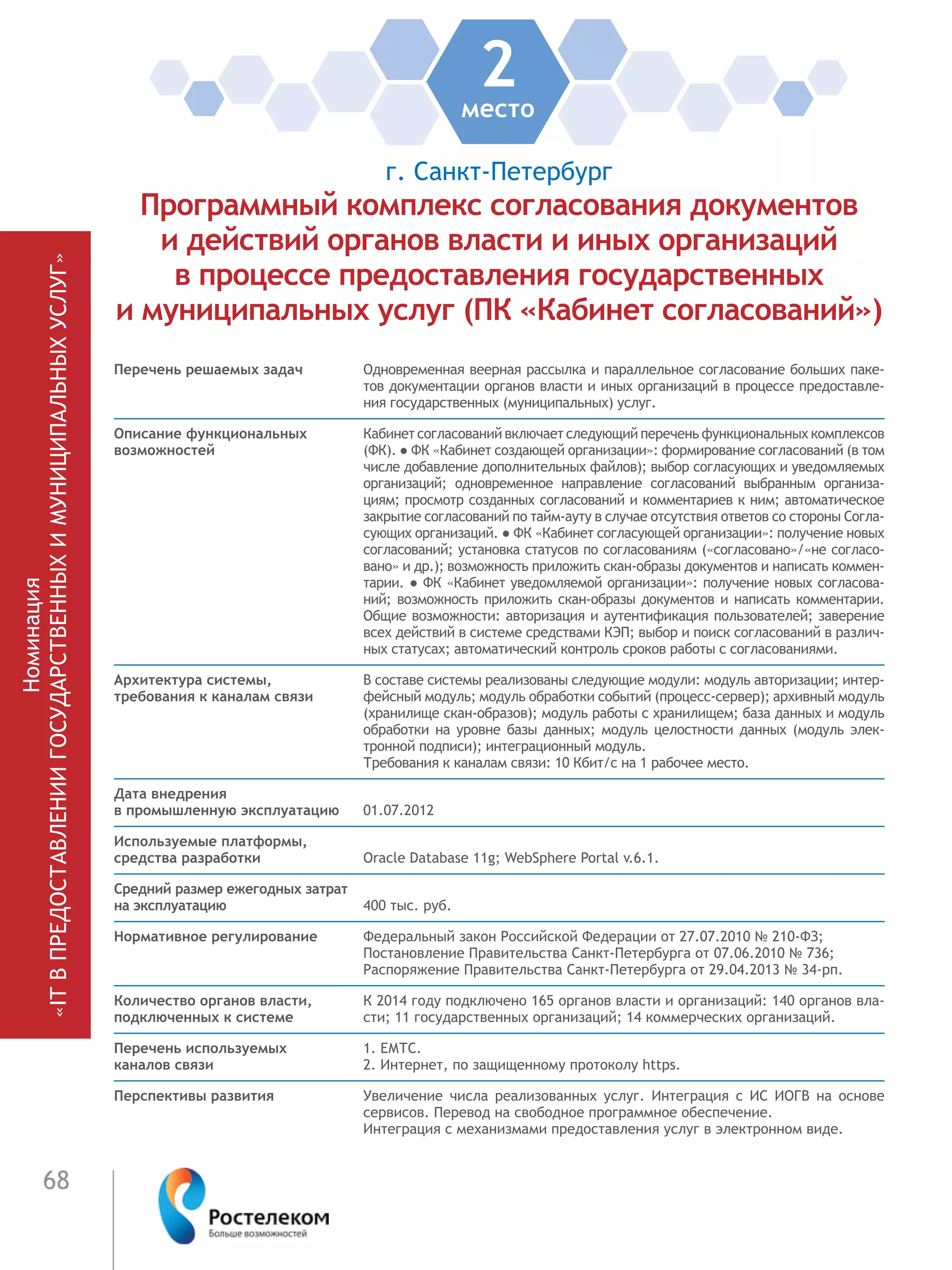 68
2место
Номинация
«ITВПРЕДОСТАВЛЕНИИГОСУДАРСТВЕННЫХИМУНИЦИПАЛЬНЫХУСЛУГ»
г. Cанкт-Петербург
Программный комплекс согласования документов
и действий органов власти и иных организаций
в процессе предоставления государственных
и муниципальных услуг (ПК «Кабинет согласований»)
Перечень решаемых задач Одновременная веерная рассылка и параллельное согласование больших паке-
тов документации органов власти и иных организаций в процессе предоставле-
ния государственных (муниципальных) услуг.
Описание функциональных
возможностей
Кабинет согласований включает следующий перечень функциональных комплексов
(ФК). ● ФК «Кабинет создающей организации»: формирование согласований (в том
числе добавление дополнительных файлов); выбор согласующих и уведомляемых
организаций; одновременное направление согласований выбранным организа-
циям; просмотр созданных согласований и комментариев к ним; автоматическое
закрытие согласований по тайм-ауту в случае отсутствия ответов со стороны Согла-
сующих организаций. ● ФК «Кабинет согласующей организации»: получение новых
согласований; установка статусов по согласованиям («согласовано»/«не согласо-
вано» и др.); возможность приложить скан-образы документов и написать коммен-
тарии. ● ФК «Кабинет уведомляемой организации»: получение новых согласова-
ний; возможность приложить скан-образы документов и написать комментарии.
Общие возможности: авторизация и аутентификация пользователей; заверение
всех действий в системе средствами КЭП; выбор и поиск согласований в различ-
ных статусах; автоматический контроль сроков работы с согласованиями.
Архитектура системы,
требования к каналам связи
В составе системы реализованы следующие модули: модуль авторизации; интер-
фейсный модуль; модуль обработки событий (процесс-сервер); архивный модуль
(хранилище скан-образов); модуль работы с хранилищем; база данных и модуль
обработки на уровне базы данных; модуль целостности данных (модуль элек-
тронной подписи); интеграционный модуль.
Требования к каналам связи: 10 Кбит/с на 1 рабочее место.
Дата внедрения
в промышленную эксплуатацию 01.07.2012
Используемые платформы,
средства разработки Oracle Database 11g; WebSphere Portal v.6.1.
Средний размер ежегодных затрат
на эксплуатацию 400 тыс. руб.
Нормативное регулирование Федеральный закон Российской Федерации от 27.07.2010 № 210-ФЗ;
Постановление Правительства Санкт-Петербурга от 07.06.2010 № 736;
Распоряжение Правительства Санкт-Петербурга от 29.04.2013 № 34-рп.
Количество органов власти,
подключенных к системе
К 2014 году подключено 165 органов власти и организаций: 140 органов вла-
сти; 11 государственных организаций; 14 коммерческих организаций.
Перечень используемых
каналов связи
1. ЕМТС.
2. Интернет, по защищенному протоколу https.
Перспективы развития Увеличение числа реализованных услуг. Интеграция с ИС ИОГВ на основе
сервисов. Перевод на свободное программное обеспечение.
Интеграция с механизмами предоставления услуг в электронном виде.
 