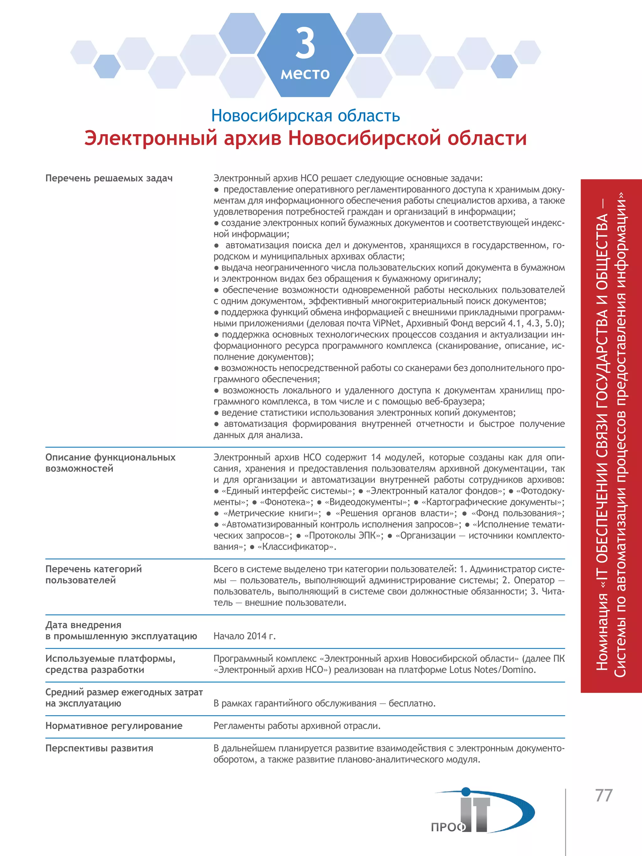 77
3место
Новосибирская область
Электронный архив Новосибирской области
Номинация«ITОБЕСПЕЧЕНИИСВЯЗИГОСУДАРСТВАИОБЩЕСТВА—
Системыпоавтоматизациипроцессовпредоставленияинформации»
Перечень решаемых задач Электронный архив НСО решает следующие основные задачи:
●  предоставление оперативного регламентированного доступа к хранимым доку-
ментам для информационного обеспечения работы специалистов архива, а также
удовлетворения потребностей граждан и организаций в информации;
● создание электронных копий бумажных документов и соответствующей индекс-
ной информации;
●  автоматизация поиска дел и документов, хранящихся в государственном, го-
родском и муниципальных архивах области;
● выдача неограниченного числа пользовательских копий документа в бумажном
и электронном видах без обращения к бумажному оригиналу;
● обеспечение возможности одновременной работы нескольких пользователей
с одним документом, эффективный многокритериальный поиск документов;
● поддержка функций обмена информацией с внешними прикладными программ-
ными приложениями (деловая почта ViPNet, Архивный Фонд версий 4.1, 4.3, 5.0);
● поддержка основных технологических процессов создания и актуализации ин-
формационного ресурса программного комплекса (сканирование, описание, ис-
полнение документов);
● возможность непосредственной работы со сканерами без дополнительного про-
граммного обеспечения;
● возможность локального и удаленного доступа к документам хранилищ про-
граммного комплекса, в том числе и с помощью веб-браузера;
● ведение статистики использования электронных копий документов;
●  автоматизация формирования внутренней отчетности и быстрое получение
данных для анализа.
Описание функциональных
возможностей
Электронный архив НСО содержит 14 модулей, которые созданы как для опи-
сания, хранения и предоставления пользователям архивной документации, так
и для организации и автоматизации внутренней работы сотрудников архивов:
● «Единый интерфейс системы»; ● «Электронный каталог фондов»; ● «Фотодоку-
менты»; ● «Фонотека»; ● «Видеодокументы»; ● «Картографические документы»;
● «Метрические книги»; ● «Решения органов власти»; ● «Фонд пользования»;
● «Автоматизированный контроль исполнения запросов»; ● «Исполнение темати-
ческих запросов»; ● «Протоколы ЭПК»; ● «Организации — источники комплекто-
вания»; ● «Классификатор».
Перечень категорий
пользователей
Всего в системе выделено три категории пользователей: 1. Администратор систе-
мы — пользователь, выполняющий администрирование системы; 2. Оператор —
пользователь, выполняющий в системе свои должностные обязанности; 3. Чита-
тель — внешние пользователи.
Дата внедрения
в промышленную эксплуатацию Начало 2014 г.
Используемые платформы,
средства разработки
Программный комплекс «Электронный архив Новосибирской области» (далее ПК
«Электронный архив НСО») реализован на платформе Lotus Notes/Domino.
Средний размер ежегодных затрат
на эксплуатацию В рамках гарантийного обслуживания — бесплатно.
Нормативное регулирование Регламенты работы архивной отрасли.
Перспективы развития В дальнейшем планируется развитие взаимодействия с электронным документо-
оборотом, а также развитие планово-аналитического модуля.
 