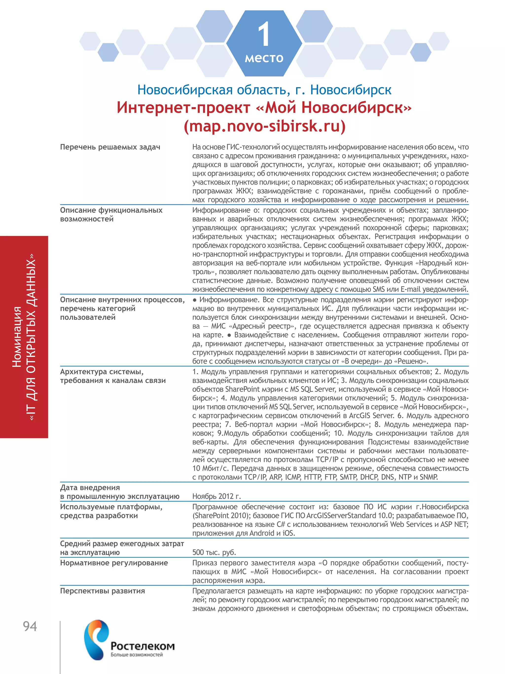 94
1место
Новосибирская область, г. Новосибирск
Интернет-проект «Мой Новосибирск»
(map.novo-sibirsk.ru)
Перечень решаемых задач На основе ГИС-технологий осуществлять информирование населения обо всем, что
связано с адресом проживания гражданина: о муниципальных учреждениях, нахо-
дящихся в шаговой доступности, услугах, которые они оказывают; об управляю-
щих организациях; об отключениях городских систем жизнеобеспечения; о работе
участковых пунктов полиции; о парковках; об избирательных участках; о городских
программах ЖКХ; взаимодействие с горожанами, приём сообщений о  пробле-
мах городского хозяйства и информирование о ходе рассмотрения и решении.
Описание функциональных
возможностей
Информирование о: городских социальных учреждениях и объектах; запланиро-
ванных и аварийных отключениях систем жизнеобеспечения; программах ЖКХ;
управляющих организациях; услугах учреждений похоронной сферы; парковках;
избирательных участках; нестационарных объектах. Регистрация информации о
проблемах городского хозяйства. Сервис сообщений охватывает сферу ЖКХ, дорож-
но-транспортной инфраструктуры и торговли. Для отправки сообщения необходима
авторизация на веб-портале или мобильном устройстве. Функция «Народный кон-
троль», позволяет пользователю дать оценку выполненным работам. Опубликованы
статистические данные. Возможно получение оповещений об отключении систем
жизнеобеспечения по конкретному адресу с помощью SMS или E-mail уведомлений.
Описание внутренних процессов,
перечень категорий
пользователей
● Информирование. Все структурные подразделения мэрии регистрируют инфор-
мацию во внутренних муниципальных ИС. Для публикации части информации ис-
пользуется блок синхронизации между внутренними системами и внешней. Осно-
ва — МИС «Адресный реестр», где осуществляется адресная привязка к объекту
на карте. ● Взаимодействие с населением. Сообщения отправляют жители горо-
да, принимают диспетчеры, назначают ответственных за устранение проблемы от
структурных подразделений мэрии в зависимости от категории сообщения. При ра-
боте с сообщением используются статусы от «В очереди» до «Решено».
Архитектура системы,
требования к каналам связи
1. Модуль управления группами и категориями социальных объектов; 2. Модуль
взаимодействия мобильных клиентов и ИС; 3. Модуль синхронизации социальных
объектов SharePoint мэрии c MS SQL Server, используемой в сервисе «Мой Новоси-
бирск»; 4. Модуль управления категориями отключений; 5. Модуль синхрониза-
ции типов отключений MS SQL Server, используемой в сервисе «Мой Новосибирск»,
с картографическим сервисом отключений в ArcGIS Server. 6. Модуль адресного
реестра; 7. Веб-портал мэрии «Мой Новосибирск»; 8. Модуль менеджера пар-
ковок; 9.Модуль обработки сообщений; 10. Модуль синхронизации тайлов для
веб-карты. Для обеспечения функционирования Подсистемы взаимодействие
между серверными компонентами системы и рабочими местами пользовате-
лей осуществляется по протоколам ТСР/IP с пропускной способностью не менее
10 Мбит/с. Передача данных в защищенном режиме, обеспечена совместимость
с протоколами TCP/IP, ARP, ICMP, HTTP, FTP, SMTP, DHCP, DNS, NTP и SNMP.
Дата внедрения
в промышленную эксплуатацию Ноябрь 2012 г.
Используемые платформы,
средства разработки
Программное обеспечение состоит из: базовое ПО ИС мэрии г.Новосибирска
(SharePoint 2010); базовое ГИС ПО ArcGISServerStandard 10.0; разрабатываемое ПО,
реализованное на языке С# с использованием технологий Web Services и ASP NET;
приложения для Android и iOS.
Средний размер ежегодных затрат
на эксплуатацию 500 тыс. руб.
Нормативное регулирование Приказ первого заместителя мэра «О порядке обработки сообщений, посту-
пающих в МИС «Мой Новосибирск» от населения. На согласовании проект
распоряжения мэра.
Перспективы развития Предполагается размещать на карте информацию: по уборке городских магистра-
лей; по ремонту городских магистралей; по перекрытию городских магистралей; по
знакам дорожного движения и светофорным объектам; по строящимся объектам.
Номинация
«ITДЛЯОТКРЫТЫХДАННЫХ»
 