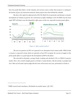 Vietnamese German University


    have less profit than before. In this situation, the investors must to delay their projects to waiting for
    the decline of price of construction material. Some projects have been behind the schedule.
           But due to the rapid two-digit growth of Ho Chi Minh City in particular and dynamic economic
    development of Vietnam in general, the construction of office buildings in Ho Chi Minh City has been
    rapid. BTT will help to ease the demand for office space in this city, especially in prime grade offices.




                                       Figure 6: office market analysis7

           The next two quarters of 2011 are expected to see absorption levels remain stable. While Grade
    a vacancy is expected to drop which are typically at least 95% occupied, the scarcity of supply in this
    prime grade offices is a good sign for the development of BTT in the future.
           The rents fall in all grades, average Grade A asking rents declined 1.9%, to US$34.21 psm per
    month. This is the seventh straight quarter of Grade A rental declines. But the decline is gradual and
    slow. Most of real estate experts judge that the rents will increase next year, particularly in Grade A.




7
    CBRE research and consultancy, Hochiminh city market report. Q2, 2011.



Benthanh Twin Towers – Real Estate Project evaluation                                                 Page 10
 