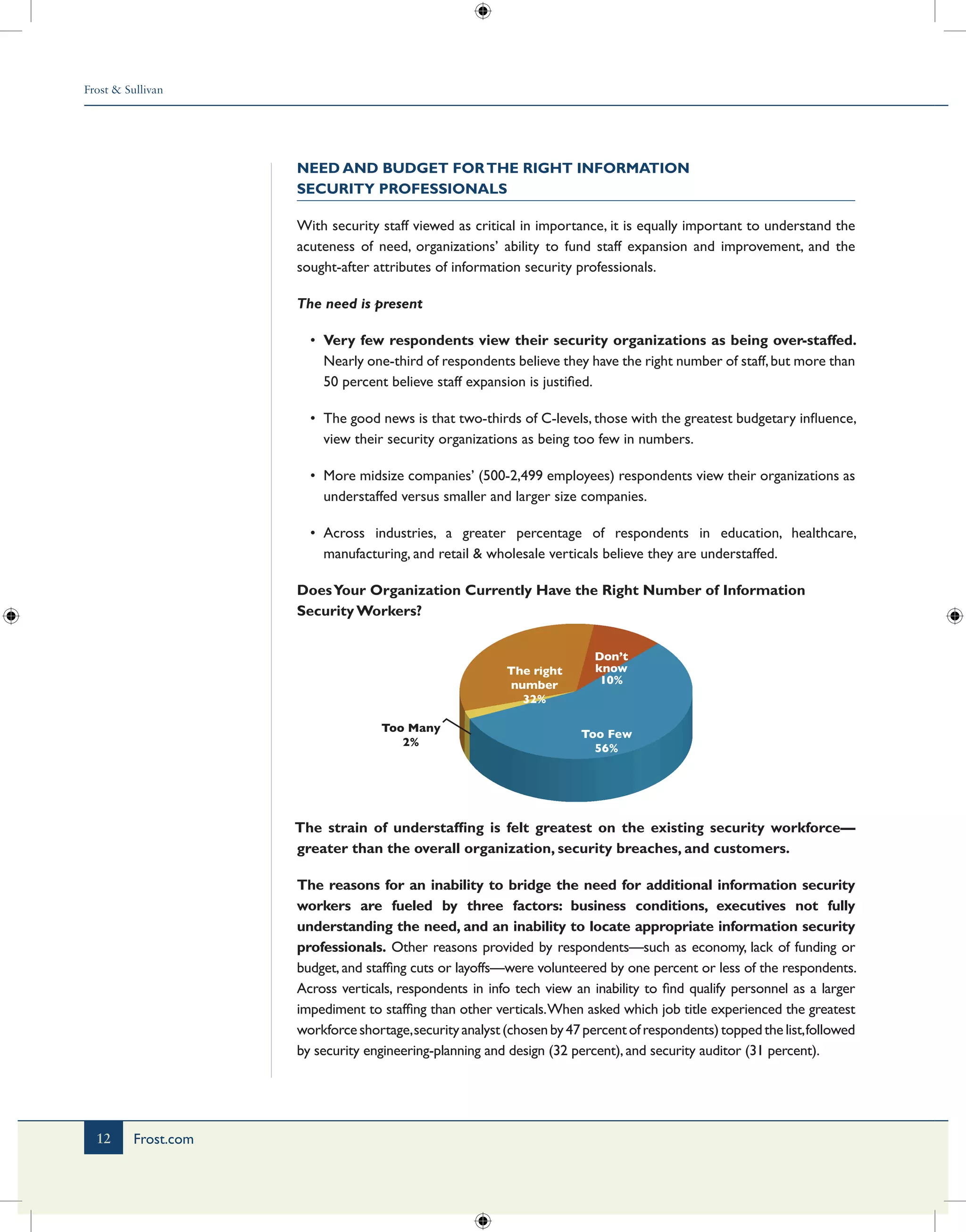 Frost & Sullivan
12 Frost.com
Need and Budget forthe Right Information
Security Professionals
With security staff viewed as critical in importance, it is equally important to understand the
acuteness of need, organizations’ ability to fund staff expansion and improvement, and the
sought-after attributes of information security professionals.
The need is present
•	 Very few respondents view their security organizations as being over-staffed.
Nearly one-third of respondents believe they have the right number of staff,but more than
50 percent believe staff expansion is justified.
•	 The good news is that two-thirds of C-levels, those with the greatest budgetary influence,
view their security organizations as being too few in numbers.
•	 More midsize companies’ (500-2,499 employees) respondents view their organizations as
understaffed versus smaller and larger size companies.
•	 Across industries, a greater percentage of respondents in education, healthcare,
manufacturing, and retail & wholesale verticals believe they are understaffed.
DoesYour Organization Currently Have the Right Number of Information
Security Workers?
The strain of understaffing is felt greatest on the existing security workforce—
greater than the overall organization, security breaches, and customers.
The reasons for an inability to bridge the need for additional information security
workers are fueled by three factors: business conditions, executives not fully
understanding the need, and an inability to locate appropriate information security
professionals. Other reasons provided by respondents—such as economy, lack of funding or
budget, and staffing cuts or layoffs—were volunteered by one percent or less of the respondents.
Across verticals, respondents in info tech view an inability to find qualify personnel as a larger
impediment to staffing than other verticals.When asked which job title experienced the greatest
workforceshortage,securityanalyst(chosenby47percentofrespondents)toppedthelist,followed
by security engineering-planning and design (32 percent),and security auditor (31 percent).
Too Many
2%
The right
number
32%
Don’t
know
10%
Too Few
56%
 