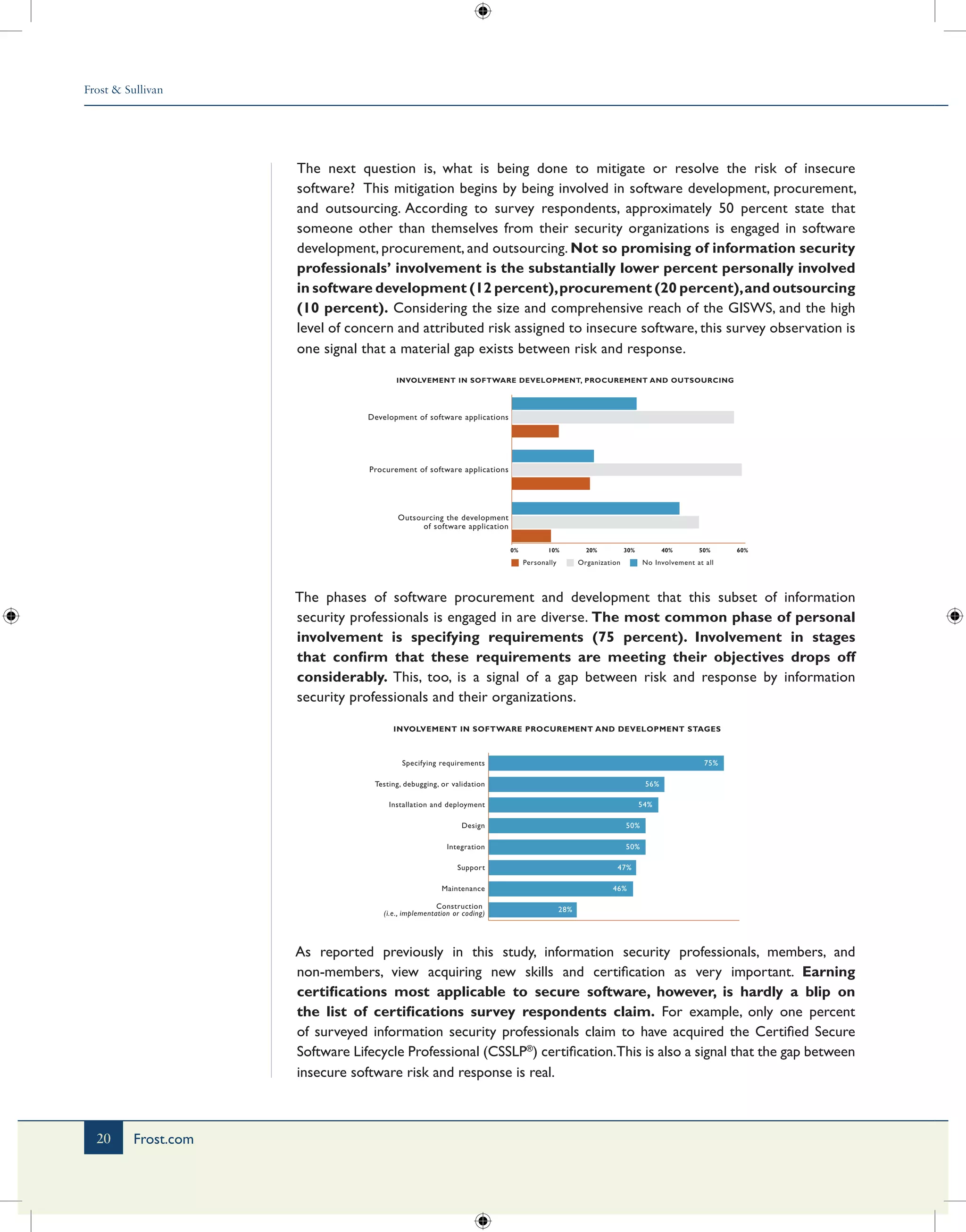 Frost & Sullivan
20 Frost.com
The next question is, what is being done to mitigate or resolve the risk of insecure
software? This mitigation begins by being involved in software development, procurement,
and outsourcing. According to survey respondents, approximately 50 percent state that
someone other than themselves from their security organizations is engaged in software
development, procurement, and outsourcing. Not so promising of information security
professionals’ involvement is the substantially lower percent personally involved
in software development (12 percent),procurement (20 percent),and outsourcing
(10 percent). Considering the size and comprehensive reach of the GISWS, and the high
level of concern and attributed risk assigned to insecure software, this survey observation is
one signal that a material gap exists between risk and response.
INVOLVEMENT IN SOFTWARE DEVELOPMENT, PROCUREMENT AND OUTSOURCING
Development of software applications
Procurement of software applications
Outsourcing the development
of software application
Personally Organization No Involvement at all
0% 10% 20% 30% 40% 50% 60%
The phases of software procurement and development that this subset of information
security professionals is engaged in are diverse. The most common phase of personal
involvement is specifying requirements (75 percent). Involvement in stages
that confirm that these requirements are meeting their objectives drops off
considerably. This, too, is a signal of a gap between risk and response by information
security professionals and their organizations.
INVOLVEMENT IN SOFTWARE PROCUREMENT AND DEVELOPMENT STAGES
Construction
(i.e., implementation or coding) 28%
Maintenance 46%
Support 47%
Design 50%
Integration 50%
Installation and deployment 54%
Testing, debugging, or validation 56%
Specifying requirements 75%
As reported previously in this study, information security professionals, members, and
non-members, view acquiring new skills and certification as very important. Earning
certifications most applicable to secure software, however, is hardly a blip on
the list of certifications survey respondents claim. For example, only one percent
of surveyed information security professionals claim to have acquired the Certified Secure
Software Lifecycle Professional (CSSLP®
) certification.This is also a signal that the gap between
insecure software risk and response is real.
 
