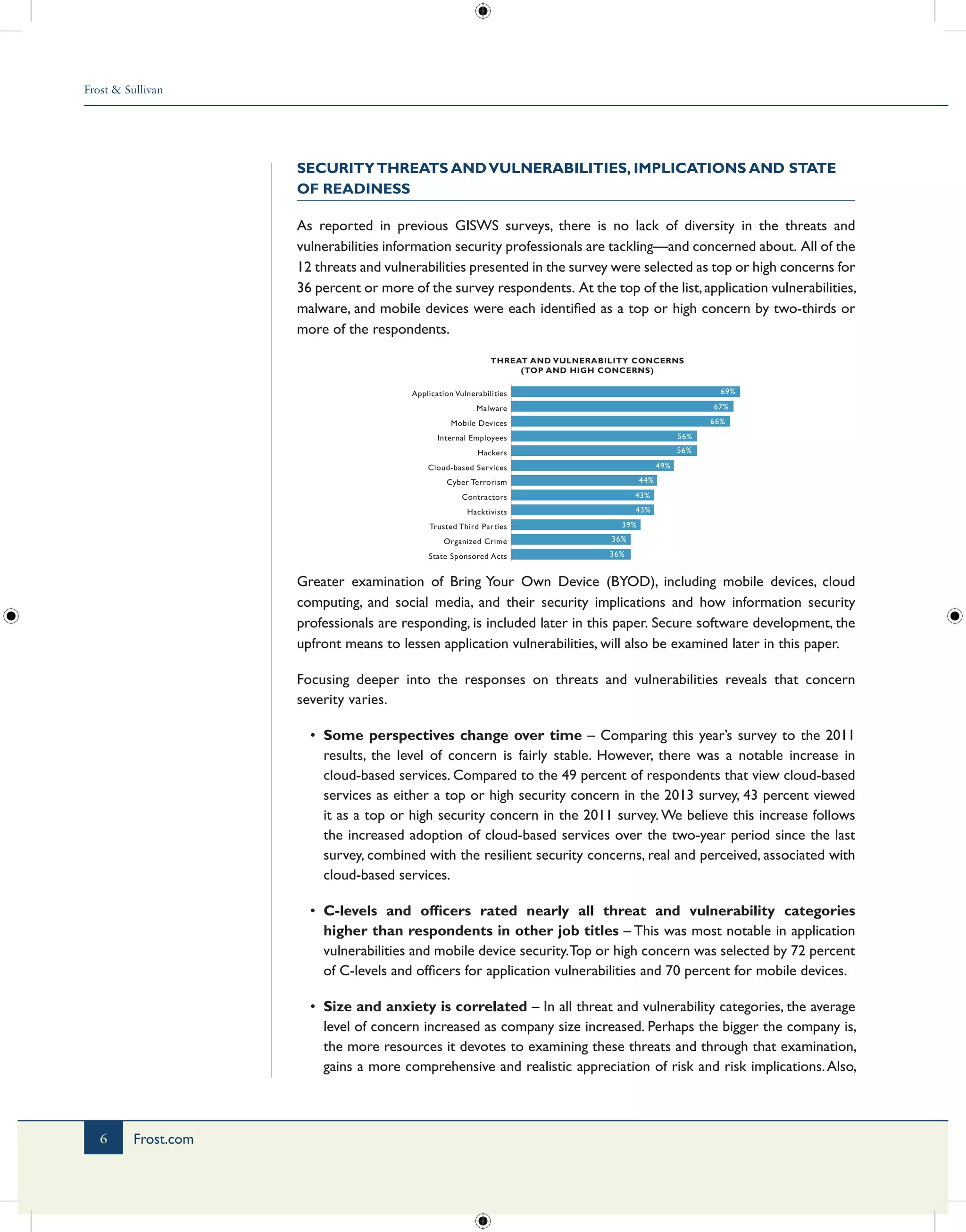 Frost & Sullivan
6 Frost.com
SecurityThreats andVulnerabilities, Implications and State
of Readiness
As reported in previous GISWS surveys, there is no lack of diversity in the threats and
vulnerabilities information security professionals are tackling—and concerned about. All of the
12 threats and vulnerabilities presented in the survey were selected as top or high concerns for
36 percent or more of the survey respondents. At the top of the list,application vulnerabilities,
malware, and mobile devices were each identified as a top or high concern by two-thirds or
more of the respondents.
THREAT AND VULNERABILITY CONCERNS
(TOP AND HIGH CONCERNS)
State Sponsored Acts
Organized Crime
Trusted Third Parties
Hacktivists
Contractors
Cyber Terrorism
Cloud-based Services
Hackers
Internal Employees
Mobile Devices
Malware
Application Vulnerabilities
36%
36%
39%
43%
43%
44%
49%
56%
56%
66%
67%
69%
Greater examination of Bring Your Own Device (BYOD), including mobile devices, cloud
computing, and social media, and their security implications and how information security
professionals are responding, is included later in this paper. Secure software development, the
upfront means to lessen application vulnerabilities, will also be examined later in this paper.
Focusing deeper into the responses on threats and vulnerabilities reveals that concern
severity varies.
•	 Some perspectives change over time – Comparing this year’s survey to the 2011
results, the level of concern is fairly stable. However, there was a notable increase in
cloud-based services. Compared to the 49 percent of respondents that view cloud-based
services as either a top or high security concern in the 2013 survey, 43 percent viewed
it as a top or high security concern in the 2011 survey. We believe this increase follows
the increased adoption of cloud-based services over the two-year period since the last
survey, combined with the resilient security concerns, real and perceived, associated with
cloud-based services.
•	 C-levels and officers rated nearly all threat and vulnerability categories
higher than respondents in other job titles – This was most notable in application
vulnerabilities and mobile device security.Top or high concern was selected by 72 percent
of C-levels and officers for application vulnerabilities and 70 percent for mobile devices.
•	 Size and anxiety is correlated – In all threat and vulnerability categories, the average
level of concern increased as company size increased. Perhaps the bigger the company is,
the more resources it devotes to examining these threats and through that examination,
gains a more comprehensive and realistic appreciation of risk and risk implications.Also,
 