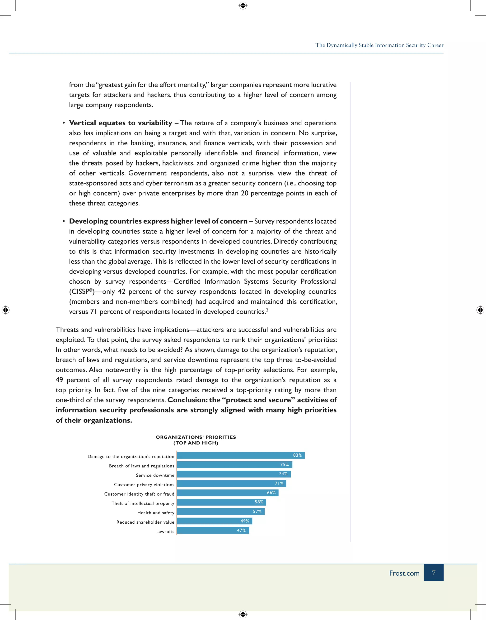 The Dynamically Stable Information Security Career
7Frost.com
from the“greatest gain for the effort mentality,” larger companies represent more lucrative
targets for attackers and hackers, thus contributing to a higher level of concern among
large company respondents.
•	 Vertical equates to variability – The nature of a company’s business and operations
also has implications on being a target and with that, variation in concern. No surprise,
respondents in the banking, insurance, and finance verticals, with their possession and
use of valuable and exploitable personally identifiable and financial information, view
the threats posed by hackers, hacktivists, and organized crime higher than the majority
of other verticals. Government respondents, also not a surprise, view the threat of
state-sponsored acts and cyber terrorism as a greater security concern (i.e., choosing top
or high concern) over private enterprises by more than 20 percentage points in each of
these threat categories.
•	 Developing countries express higher level of concern – Survey respondents located
in developing countries state a higher level of concern for a majority of the threat and
vulnerability categories versus respondents in developed countries. Directly contributing
to this is that information security investments in developing countries are historically
less than the global average. This is reflected in the lower level of security certifications in
developing versus developed countries. For example, with the most popular certification
chosen by survey respondents—Certified Information Systems Security Professional
(CISSP®
)—only 42 percent of the survey respondents located in developing countries
(members and non-members combined) had acquired and maintained this certification,
versus 71 percent of respondents located in developed countries.2
Threats and vulnerabilities have implications—attackers are successful and vulnerabilities are
exploited. To that point, the survey asked respondents to rank their organizations’ priorities:
In other words, what needs to be avoided? As shown, damage to the organization’s reputation,
breach of laws and regulations, and service downtime represent the top three to-be-avoided
outcomes. Also noteworthy is the high percentage of top-priority selections. For example,
49 percent of all survey respondents rated damage to the organization’s reputation as a
top priority. In fact, five of the nine categories received a top-priority rating by more than
one-third of the survey respondents. Conclusion: the “protect and secure” activities of
information security professionals are strongly aligned with many high priorities
of their organizations.
ORGANIZATIONS’ PRIORITIES
(TOP AND HIGH)
Lawsuits
Reduced shareholder value
Health and safety
Theft of intellectual property
Customer identity theft or fraud
Customer privacy violations
Service downtime
Breach of laws and regulations
Damage to the organization's reputation
47%
49%
57%
58%
66%
71%
74%
75%
83%
 