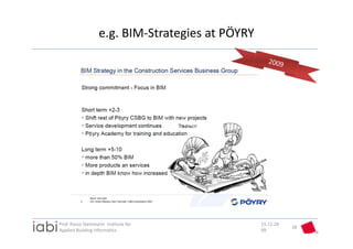 e.g. BIM‐Strategies at PÖYRY




Prof. Rasso Steinmann  Institute for               15.12.20
                                                              18
Applied Building Informatics                       09
 