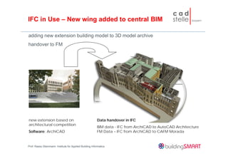 IFC in Use – New wing added to central BIM

adding new extension building model to 3D model archive
handover to FM




new extension based on                                   Data handover in IFC
architectural competition
                                                         BIM data - IFC from ArchiCAD to AutoCAD Architecture
Software: ArchiCAD                                       FM Data – IFC from ArchiCAD to CAFM Morada


Prof. Rasso Steinmann Institute for Applied Building Informatics
 