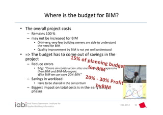 Where is the budget for BIM?

• The overall project costs
   – Remains 100 %
   – may not be increased for BIM
          • Only very, very few building owners are able to understand 
            the need for BIM
          • Quality improvement by BIM is not yet well understood
• => The budget has to come out of savings in the 
  project
   – Reduce errors
          • Bögl: “Errors on construction sites are much more expensive 
            than BIM and BIM‐Managers.
            With BIM we can save 20%‐30%”
   – Savings in workload
          • Have to be shared in the consortium
   – Biggest impact on total costs is in the early design 
     phases


   Prof. Rasso Steinmann  Institute for 
                                                                           Okt. 2012   31
   Applied Building Informatics
 