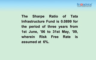 The Sharpe Ratio of Tata
Infrastructure Fund is 0.0899 for
the period of three years from
1st June, ’06 to 31st May, ’09,
wherein Risk Free Rate is
assumed at 6%.
 