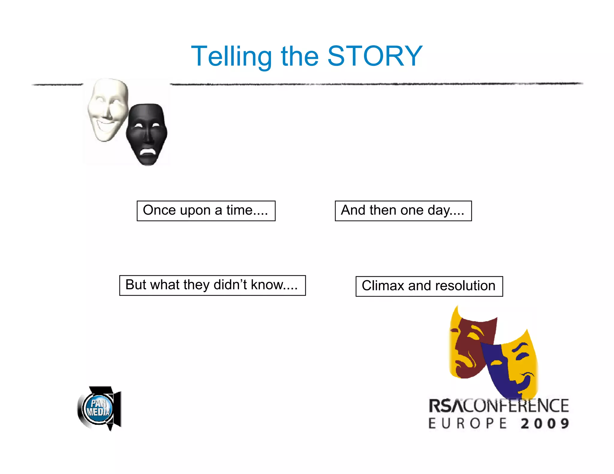 Telling the STORY




  Once upon a time....
  O           ti                And then one day....
                                A d th       d




But what they didn’t know....      Climax and resolution
 