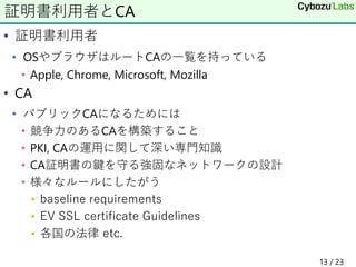 • 証明書利用者
• OSやブラウザはルートCAの一覧を持っている
• Apple, Chrome, Microsoft, Mozilla
• CA
• パブリックCAになるためには
• 競争力のあるCAを構築すること
• PKI, CAの運用に関して深い専門知識
• CA証明書の鍵を守る強固なネットワークの設計
• 様々なルールにしたがう
• baseline requirements
• EV SSL certificate Guidelines
• 各国の法律 etc.
証明書利用者とCA
13 / 23
 