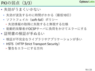 • 失効がうまくいかない
• 失効が波及するのに時間がかかる（最低10日）
• ソフトフェイル（soft-fail）ポリシー
• 失効情報の取得に失敗すると無視する仕様
• 能動的攻撃者がOCSPサーバに負荷をかけてエラーにする
• 証明書の検証が手ぬるい
• 検証が不完全なライブラリやアプリケーションが多い
• HSTS（HTTP Strict Transport Security）
• 警告をエラーにする方向
PKIの弱点（3/3）
19 / 23
 