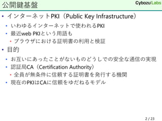 • インターネットPKI（Public Key Infrastructure）
• いわゆるインターネットで使われるPKI
• 最近web PKIという用語も
• ブラウザにおける証明書の利用と検証
• 目的
• お互いにあったことがないものどうしでの安全な通信の実現
• 認証局CA（Certification Authority）
• 全員が無条件に信頼する証明書を発行する機関
• 現在のPKIはCAに信頼をゆだねるモデル
公開鍵基盤
2 / 23
 