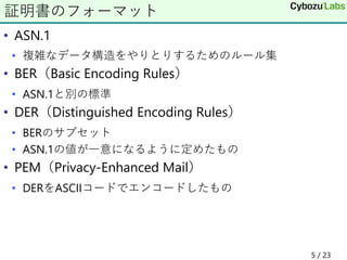 • ASN.1
• 複雑なデータ構造をやりとりするためのルール集
• BER（Basic Encoding Rules）
• ASN.1と別の標準
• DER（Distinguished Encoding Rules）
• BERのサブセット
• ASN.1の値が一意になるように定めたもの
• PEM（Privacy-Enhanced Mail）
• DERをASCIIコードでエンコードしたもの
証明書のフォーマット
5 / 23
 