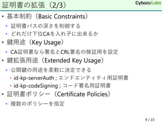 • 基本制約（Basic Constraints）
• 証明書パスの深さを制御する
• どれだけ下位CAを入れ子に出来るか
• 鍵用途（Key Usage）
• CA証明書なら署名とCRL署名の検証用を設定
• 鍵拡張用途（Extended Key Usage）
• 公開鍵の用途を柔軟に決定できる
• id-kp-serverAuth ; エンドエンティティ用証明書
• id-kp-codeSigning ; コード署名用証明書
• 証明書ポリシー（Certificate Policies）
• 複数のポリシーを指定
証明書の拡張（2/3）
9 / 23
 
