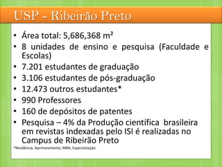 USP - Ribeirão Preto
• Área total: 5,686,368 m²
• 8 unidades de ensino e pesquisa (Faculdade e
Escolas)
• 7.201 estudantes de graduação
• 3.106 estudantes de pós-graduação
• 12.473 outros estudantes*
• 990 Professores
• 160 de depósitos de patentes
• Pesquisa – 4% da Produção científica brasileira
em revistas indexadas pelo ISI é realizadas no
Campus de Ribeirão Preto
*Residência, Aprimoramento, MBA, Especialização
 