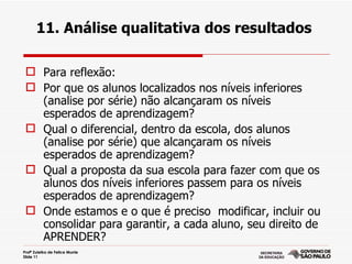 11. Análise qualitativa dos resultados

  Para reflexão:
  Por que os alunos localizados nos níveis inferiores
   (analise por série) não alcançaram os níveis
   esperados de aprendizagem?
  Qual o diferencial, dentro da escola, dos alunos
   (analise por série) que alcançaram os níveis
   esperados de aprendizagem?
  Qual a proposta da sua escola para fazer com que os
   alunos dos níveis inferiores passem para os níveis
   esperados de aprendizagem?
  Onde estamos e o que é preciso modificar, incluir ou
   consolidar para garantir, a cada aluno, seu direito de
   APRENDER?
Profª Zuleika de Felice Murrie
Slide 11
 