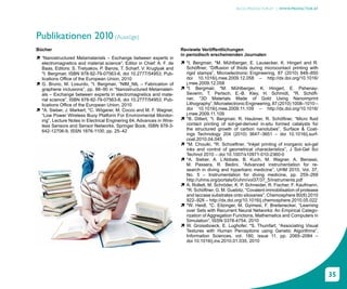 BLOG.PROFACTOR.AT | WWW.PROFACTOR.AT




Publikationen 201 (Auszüge)
                 0
Bücher                                                                 Reviewte Veröffentlichungen
                                                                       in periodisch erscheinenden Journalen
ì “Nanostructured Metamaterials – Exchange between experts in
  electromagnetics and material science”, Editor in Chief: A. F. de    ì *I. Bergmair, *M. Mühlberger, E. Lausecker, K. Hingerl and R.
  Baas, Editors: S. Tretyakov, P. Barois, T. Scharf, V. Kruglyak and     Schöftner, “Diffusion of thiols during microcontact printing with
  *I. Bergmair, ISBN 978-92-79-07563-6, doi 10.2777/54953, Pub-          rigid stamps”, Microelectronic Engineering, 87 (2010) 848–850
  lications Office of the European Union, 2010                           doi 10.1016/j.mee.2009.12.058 – http://dx.doi.org/10.1016/
ì G. Bruno, M. Losurdo, *I. Bergmair, “NIM_NIL – Fabrication of          j.mee.2009.12.058
  graphene inclusions”, pp. 88–90 in “Nanostructured Metamateri-       ì *I. Bergmair, *M. Mühlberger, K. Hingerl, E. Pshenay-
  als – Exchange between experts in electromagnetics and mate-           Severin, T. Pertsch, E.-B. Kley, H. Schmidt, *R. Schöft-
  rial science”, ISBN 978-92-79-07563-6, doi 10.2777/54953, Pub-         ner, “3D Materials Made of Gold Using Nanoimprint
  lications Office of the European Union, 2010                           Lithography”, Microelectronic Engineering, 87 (2010) 1008–1010 –
ì *A. Sieber, J. Markert, *C. Wögerer, M. Cocco and M. F. Wagner,        doi 10.1016/j.mee.2009.11.109 – http://dx.doi.org/10.1016/
  “Low Power Wireless Buoy Platform For Environmental Monitor-           j.mee.2009.11.109
  ing”, Lecture Notes in Electrical Enginering 64, Advances in Wire-   ì *B. Dittert, *I. Bergmair, R. Haubner, R. Schöftner, “Micro fluid
  less Sensors and Sensor Networks, Springer Book, ISBN 978-3-           contact printing of sol-gel-derived in-situ formed catalysts for
  642-12706-9, ISSN 1876-1100, pp. 25–42                                 the structured growth of carbon nanotubes”, Surface & Coat-
                                                                         ings Technology 204 (2010) 3647–3651 – doi 10.1016/j.surf-
                                                                         coat.2010.04.045
                                                                       ì *M. Chouiki, *R. Schoeftner, “Inkjet printing of inorganic sol-gel
                                                                         inks and control of geometrical characteristics”, J Sol-Gel Sci
                                                                         Technol 2010 – doi 10.1007/s10971-010-2360-0
                                                                       ì *A. Sieber, A. L’Abbate, B. Kuch, M. Wagner, A. Benassi,
                                                                         M. Passera, R. Bedini, “Advanced instrumentation for re-
                                                                         search in diving and hyperbaric medicine”, UHM 2010, Vol. 37,
                                                                         No. 5 – Instrumentation for diving medicine, pp. 259–269
                                                                         http://uhms.org/portals/0/uhm/vol37/37_5/instruments.pdf
                                                                       ì A. Rollett, M. Schröder, K. P. Schneider, R. Fischer, F. Kaufmann,
                                                                         *R. Schöftner, G. M. Guebitz, “Covalent immobilisation of protease
                                                                         and laccase substrates onto siloxanes”, Chemosphere 80(8) 2010
                                                                         922–928 – http://dx.doi.org/10.1016/j.chemosphere.2010.05.022
                                                                       ì *W. Heidl, *C. Eitzinger, M. Gyimesi, F. Breitenecker, “Learning
                                                                         over Sets with Recurrent Neural Networks: An Empirical Catego-
                                                                         rization of Aggregation Functions, Mathematics and Computers in
                                                                         Simulation”, ISSN 0378-4754, 2010
                                                                       ì W. Groissboeck, E. Lughofer, *S. Thumfart, “Associating Visual
                                                                         Textures with Human Perceptions using Genetic Algorithms”,
                                                                         Information Sciences, vol. 180, issue 11, pp. 2065–2084 –
                                                                         doi 10.1016/j.ins.2010.01.035, 2010




                                                                                                                                              35
 