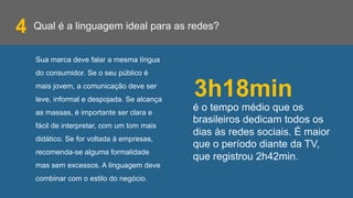 Qual é a linguagem ideal para as redes?
Sua marca deve falar a mesma língua
do consumidor. Se o seu público é
mais jovem, a comunicação deve ser
leve, informal e despojada. Se alcança
as massas, é importante ser clara e
fácil de interpretar, com um tom mais
didático. Se for voltada à empresas,
recomenda-se alguma formalidade
mas sem excessos. A linguagem deve
combinar com o estilo do negócio.
4
é o tempo médio que os
brasileiros dedicam todos os
dias às redes sociais. É maior
que o período diante da TV,
que registrou 2h42min.
3h18min
 