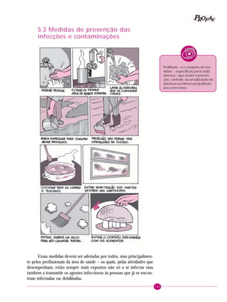 133
PPPPP EEEEEAAAAARRRRROOOOOFFFFF
5.3 Medidas de prevenção das
infecções e contaminações
Profilaxia - é o conjunto de me-
didas - específicas para cada
doença - que visam a preven-
ção, controle ou erradicação de
doenças ou fatores prejudiciais
aos seres vivos.
Essas medidas devem ser adotadas por todos, mas principalmen-
te pelos profissionais da área de saúde – os quais, pelas atividades que
desempenham, estão sempre mais expostos não só a se infectar mas
também a transmitir os agentes infecciosos às pessoas que já se encon-
tram infectadas ou debilitadas.
 