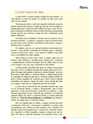 45
PPPPP EEEEEAAAAARRRRROOOOOFFFFF
5.3 Um trajeto de vida
A cada sístole o coração expulsa o sangue de suas câmaras; e a
cada diástole, as enche de sangue. No entanto, de onde vem e para
onde vai este sangue?
Tomemos por início o ventrículo esquerdo, localizado na porção
inferior esquerda do coração. O sangue que dele sai, rico em oxigênio, é
impulsionado para a artéria de maior calibre do corpo: a aorta. Seu ob-
jetivo é alimentar as células de todos os tecidos. Para tanto, possui muitas
artérias menores que recebem o sangue da aorta, conduzindo-o para
lugares diferentes.
As artérias vão-se dividindo e ficando cada vez menores, até se
tornarem arteríolas - os últimos e pequenos ramos do sistema arteri-
al, que atuam como válvulas controladoras pelas quais o sangue é
liberado para os capilares.
Os capilares, por sua vez, possuem paredes extremamente per-
meáveis - o que permite a passagem de nutrientes, gases e substânci-
as para as trocas com o meio - e são capazes de dilatar-se de acordo
com a necessidade do tecido irrigado.
Após efetuar as trocas com o meio, o sangue, agora rico em
detritos e gás carbônico, é recolhido pelas vênulas, que o conduzem
e gradativamente confluem formando veias de calibre cada vez mai-
or até chegar à veia cava, que o deposita no átrio direito.
As finas paredes musculares dos átrios, no entanto, não possuem
força para vencer a resistência muscular das artérias, porém uma vez re-
pletos de sangue desencadeiam a abertura da válvula tricúspide - que loca-
liza-se entre o átrio direito e o ventrículo direito e, quando aberta, permi-
te a passagem do sangue do átrio para o ventrículo; quando fechada, im-
pede o retorno sangüíneo do ventrículo para o átrio. Como as paredes
ventriculares são espessas e capazes de vencer a força vascular das artéri-
as, o sangue é mais uma vez, empurrado para fora do coração.
A posse desse conhecimento lhe permitirá entender que, uma
vez no ventrículo direito, o sangue é impulsionado para a artéria
pulmonar, sendo posteriormente conduzido aos pulmões - onde
efetuará importantes trocas, deixando gás carbônico e recolhendo
oxigênio (figura 19). Entre o ventrículo direito e a artéria pulmonar
localiza-se a valva do tronco pulmonar ou semilunar, que impede o
refluxo de sangue para o ventrículo direito.
Rico em oxigênio para as células, o sangue necessita percorrer
o organismo. Para isso, é novamente conduzido ao coração pela
veia pulmonar, que o libera no átrio esquerdo. Este, valendo-se de
válvulas (mitral ou bicúspide) que o separam do ventrículo esquer-
do e impedem o refluxo sangüíneo, repassa o sangue para essa câ-
mara. De volta ao ventrículo esquerdo, este novamente vence a for-
 